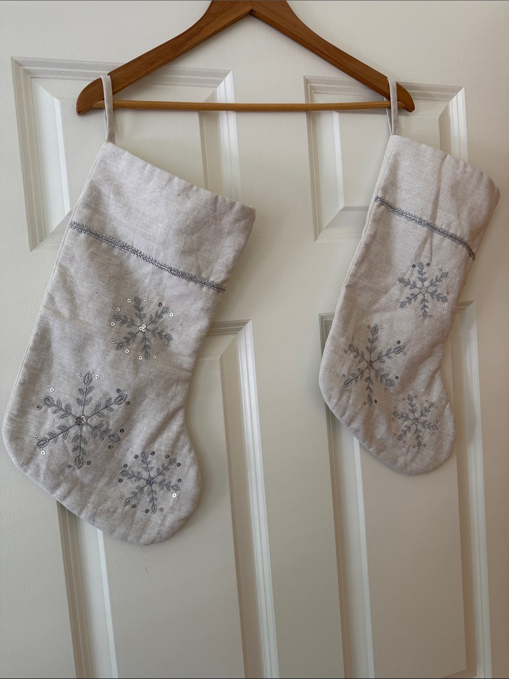 Embroidered Cream Holiday Stocking Set with Silver Snowflakes